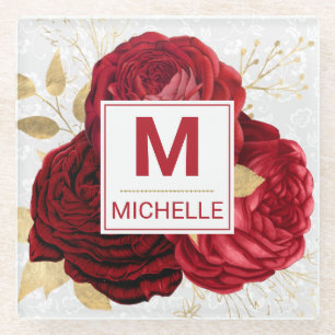 Beautiful Deep Red and Gold Flowers Monogram Glass Coaster
