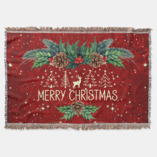 Beautiful Deep Red and Green Merry Christmas Throw Blanket