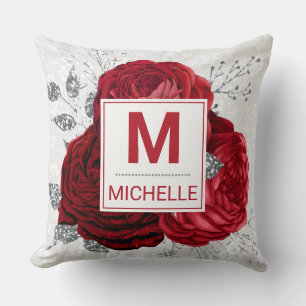 Beautiful Deep Red and Silver Flowers Monogram Cushion