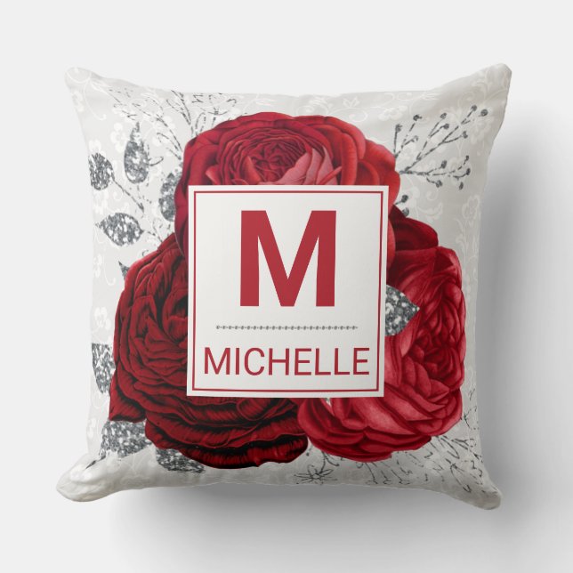 Beautiful Deep Red and Silver Flowers Monogram Cushion (Front)