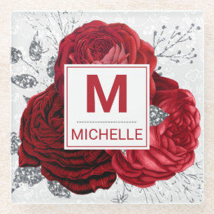 Beautiful Deep Red and Silver Flowers Monogram Glass Coaster