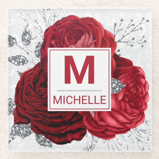 Beautiful Deep Red and Silver Flowers Monogram Glass Coaster (Front)