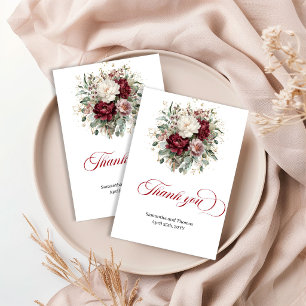 Beautiful Deep Red Floral Gold Wedding Thank You Card