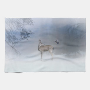 Beautiful Deer and Jay in the Snow Dish Towels