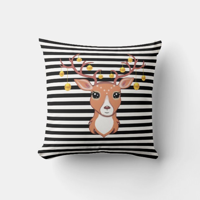 Beautiful Deer on Striped Black & White Cushion (Front)