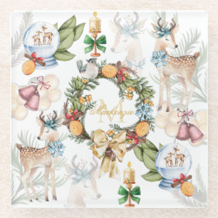 Beautiful Deer Watercolor Christmas Family Name Glass Coaster