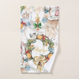 Beautiful Deer  Watercolor Christmas Family Name Hand Towel