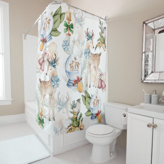 Beautiful Deer Watercolor Christmas Shower Curtain (In Situ)
