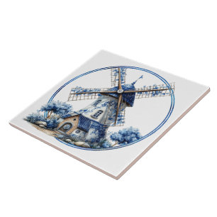 Beautiful Delft Blue Watercolor Windmill Ceramic Tile