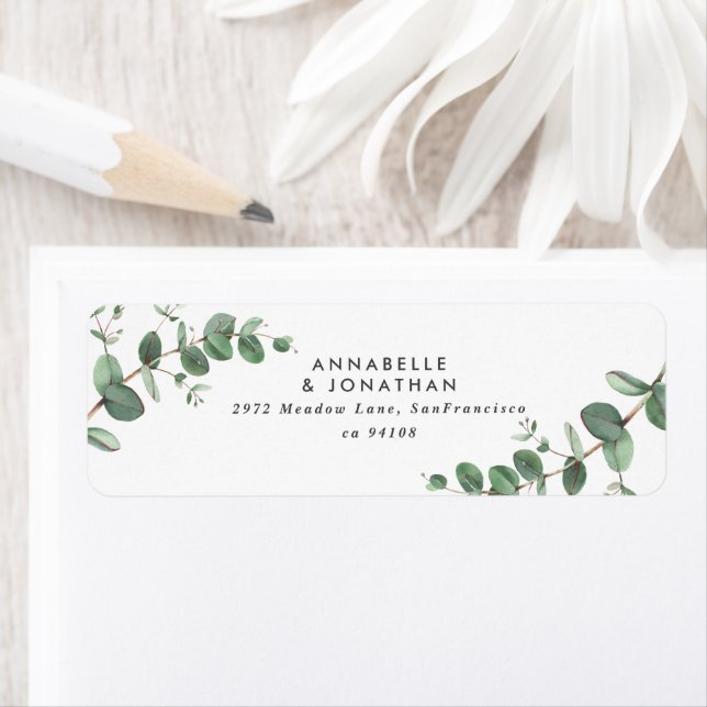 Beautiful delicate eucalyptus foliage wedding  return address label (Insitu)