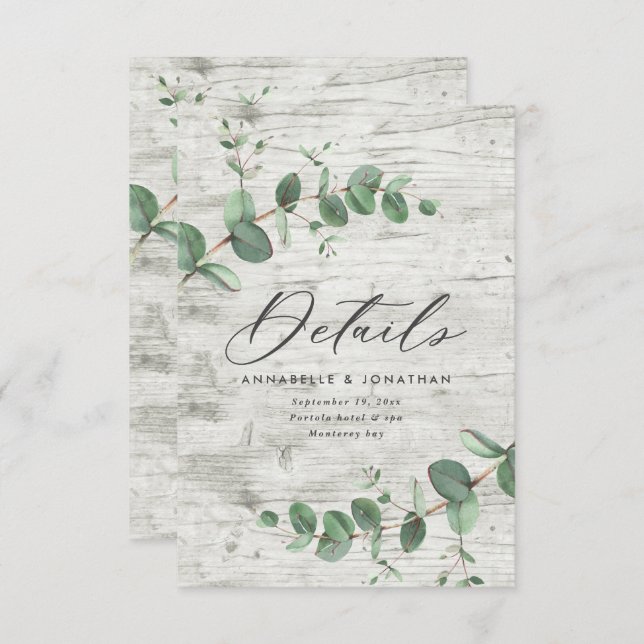 Beautiful delicate eucalyptus wedding details RSVP (Front/Back)