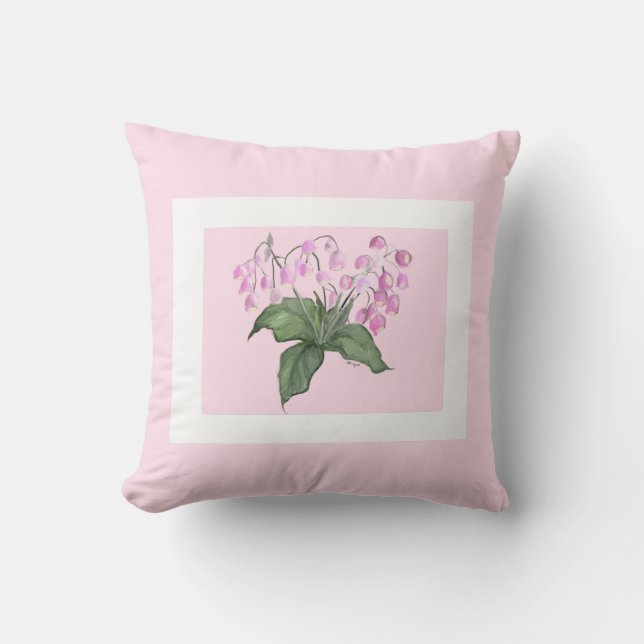 Beautiful Delicate Pink Bell Flower w/ green bkgd Cushion (Front)