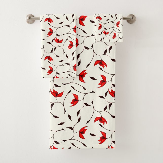 Beautiful Delicate Red Flower Pattern Bath Towel Set (Insitu)
