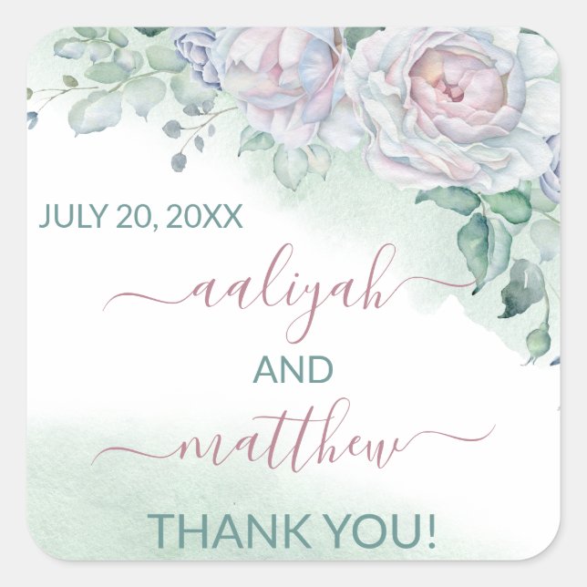 Beautiful Delicate Watercolor Rose Wedding Square Sticker (Front)