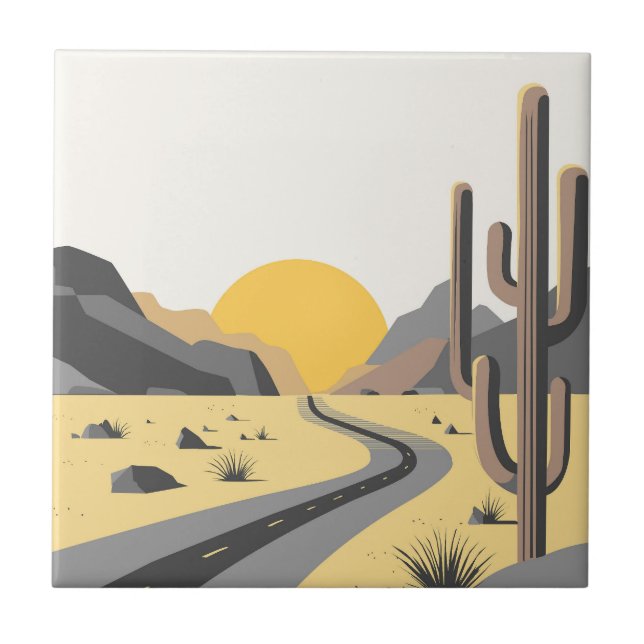 Beautiful desert sunrise with mountain view ceramic tile (Front)