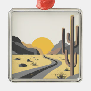 Beautiful desert sunrise with mountain view metal ornament