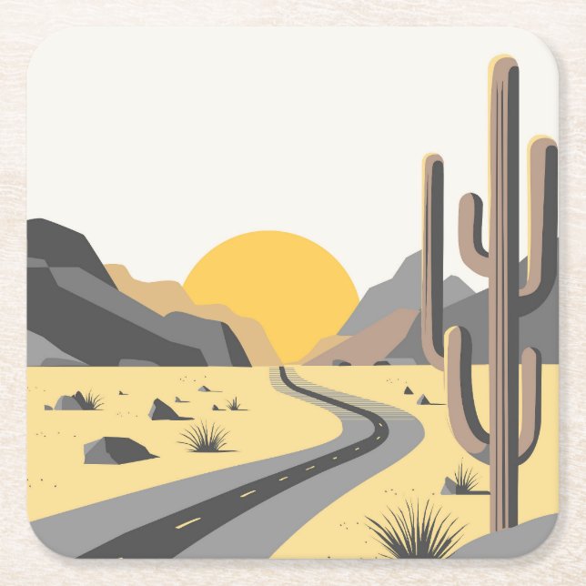 Beautiful desert sunrise with mountain view square paper coaster (Front)