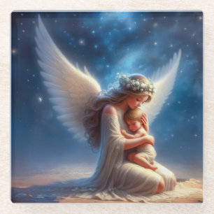 Beautiful Digital Painting of Angel Holding a Baby Glass Coaster
