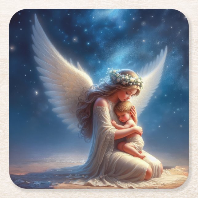Beautiful Digital Painting of Angel Holding a Baby Square Paper Coaster (Front)