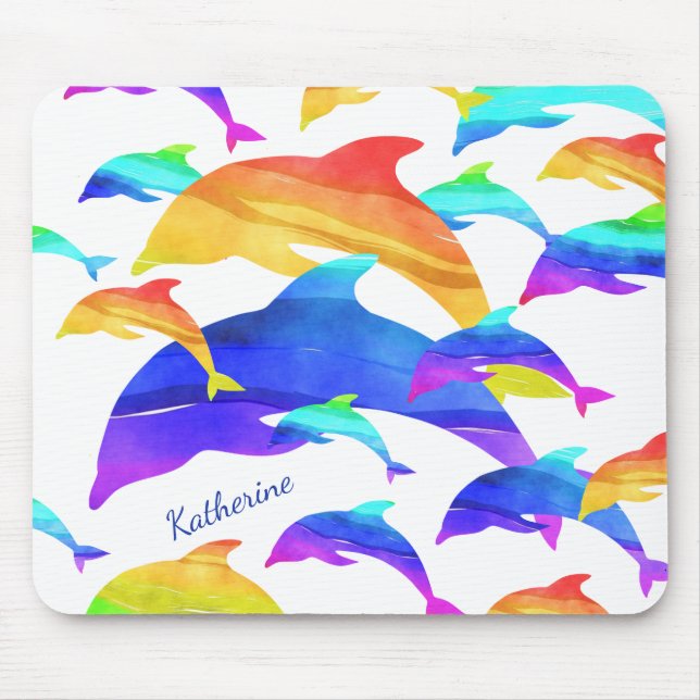 Beautiful Dolphins in Rainbow with First Name Mouse Pad (Front)