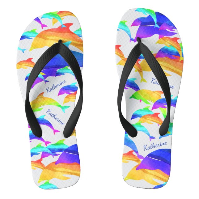 Beautiful Dolphins in Rainbow with First Name Thongs (Footbed)