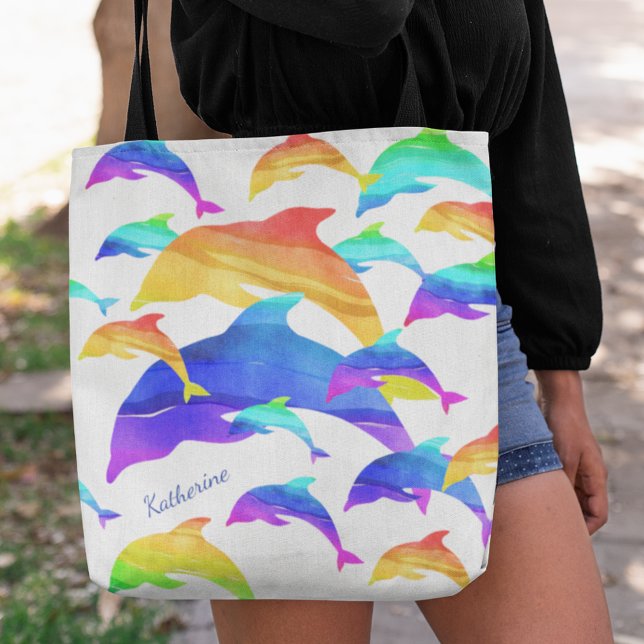 Beautiful Dolphins in Rainbow with First Name Tote Bag (Creator Uploaded)