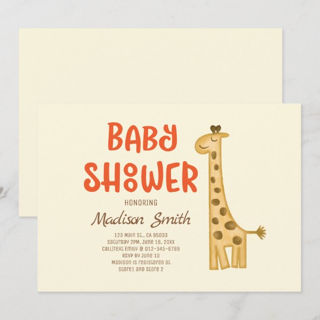 Beautiful Doodle Watercolor Giraffe Baby Shower Invitation (Front/Back)