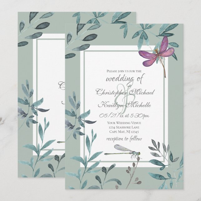 Beautiful Dragonfly and Garden Greenery Wedding Invitation (Front/Back)