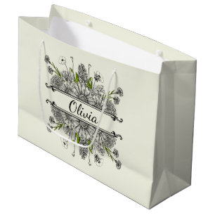 Beautiful drawing of black and white flowers large gift bag