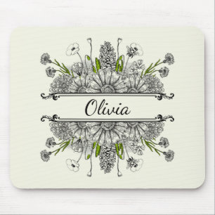 Beautiful drawing of black and white flowers mouse pad
