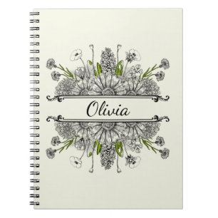 Beautiful drawing of black and white flowers notebook