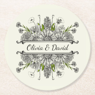 Beautiful drawing of black and white flowers round paper coaster