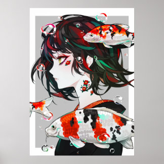 Beautiful Drawn art - Anime Girl with Koi Fish Poster