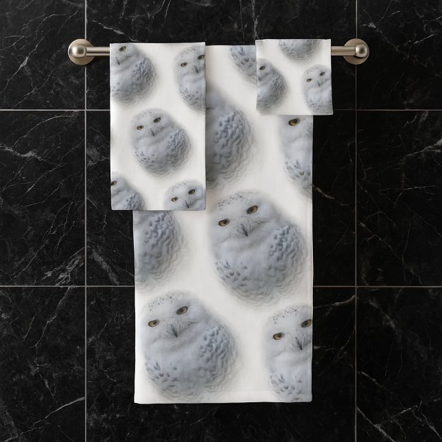 Beautiful, Dreamy and Serene Snowy Owl Bath Towel Set (Snowy Owl Towel Set on Black Marble Bathroom Tiled Wall Cover Photo)