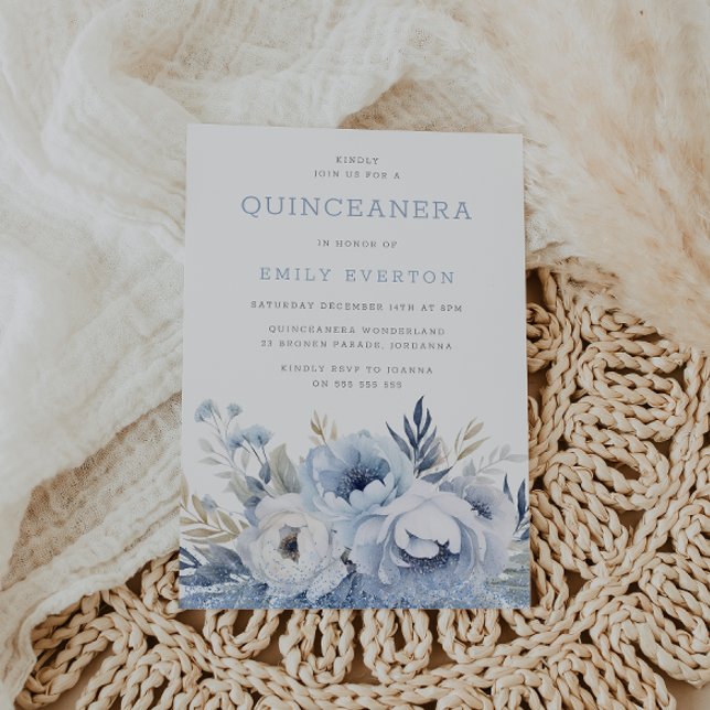 Beautiful Dusty Blue Floral Quinceanera Party  Invitation (Creator Uploaded)