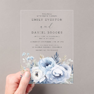 Beautiful Dusty Blue Floral Wedding  Acrylic Invitations