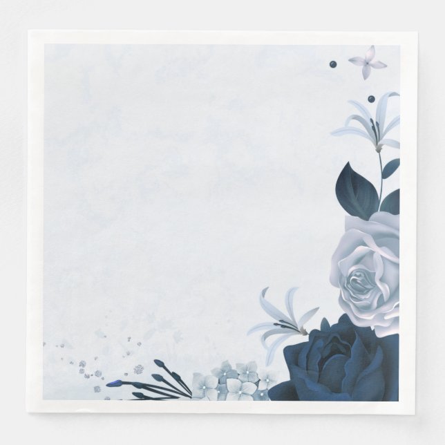 Beautiful dusty blue navy flowers & leaves  napkin (Front)