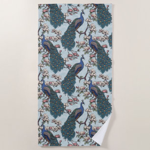Beautiful Dusty Blue Peacocks and Magnolia Flowers Beach Towel