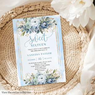 Beautiful Dusty Blue White Gold Flowers Sweet 16  Invitation