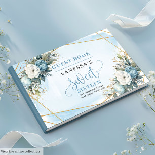 Beautiful Dusty Blue White Gold Flowers Sweet 16th Guest Book