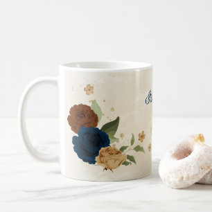 Beautiful earth tone navy floral coffee mug
