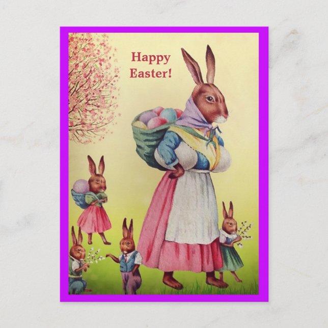 Beautiful Easter Bunny Mother & Her Little Bunnies Postcard (Front)