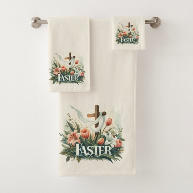 Beautiful Easter Cross with Lilies and Tulips Bath Towel Set (Insitu)