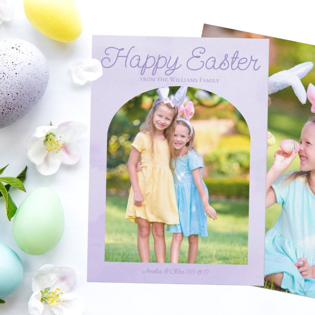 Beautiful Easter Family Photo Light Purple Arch Holiday Card (Creator Uploaded)