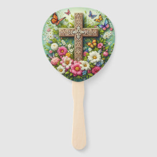 Beautiful Easter floral cross with butterflies Hand Fan