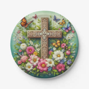 Beautiful Easter floral cross with butterflies Paper Plate