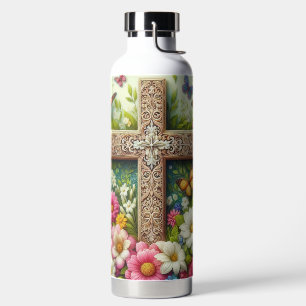 Beautiful Easter floral cross with butterflies Water Bottle