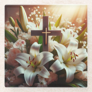 Beautiful Easter lily cross Glass Coaster