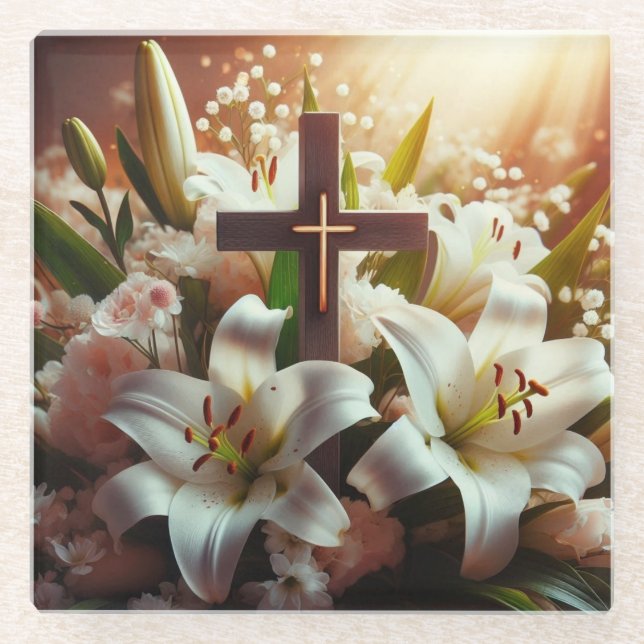 Beautiful Easter lily cross Glass Coaster (Front)