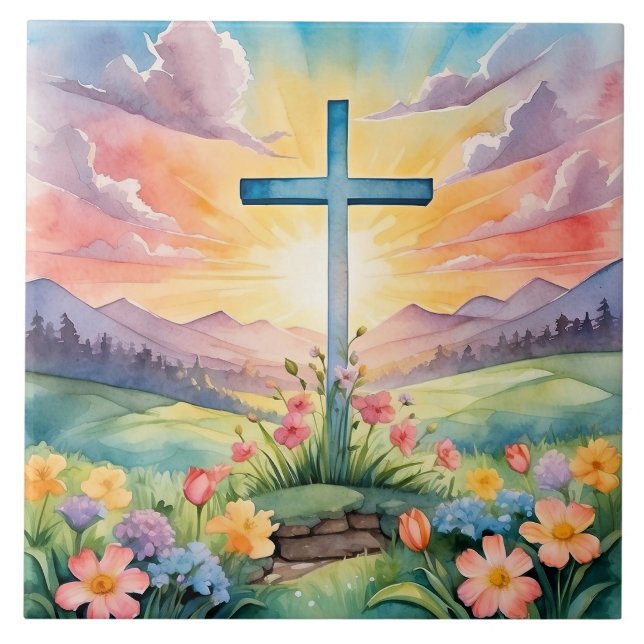 Beautiful Easter Watercolor Art Ceramic Tile (Front)